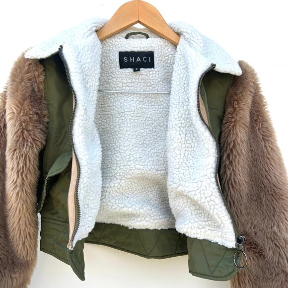 Shaci Cropped Bomber Jacket Faux Fur Sleeves Olive Green Small Streetwear - Picture 6 of 13